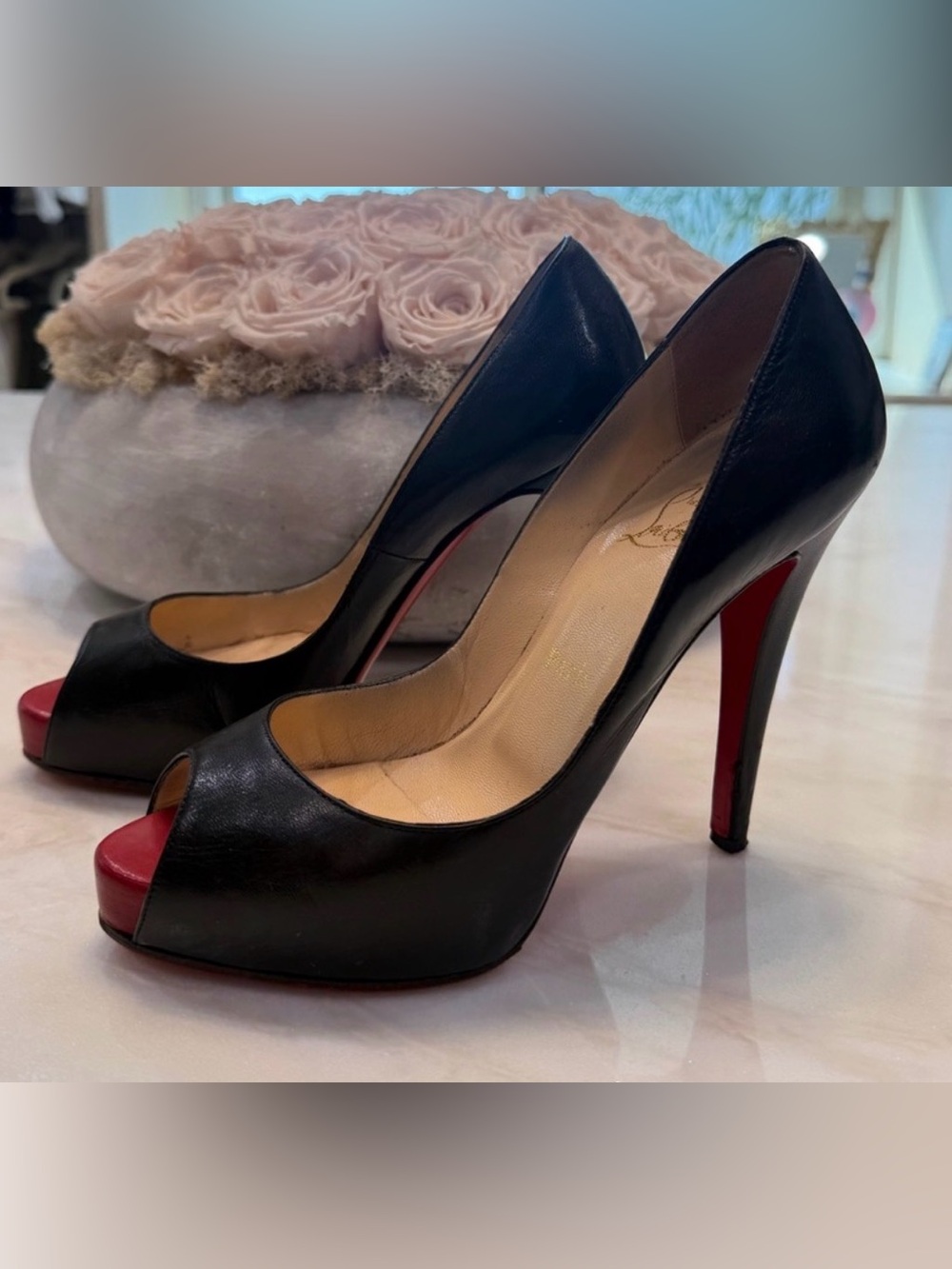 Christian Louboutin Black Leather Peep Toe Pumps Red Sole 37.5
